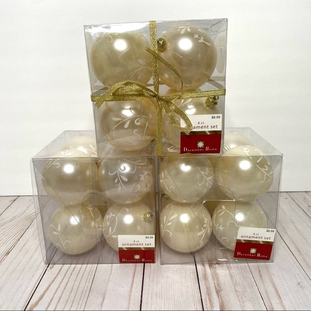 December Home Cream Printed Round Christmas Ornament Set Of 24